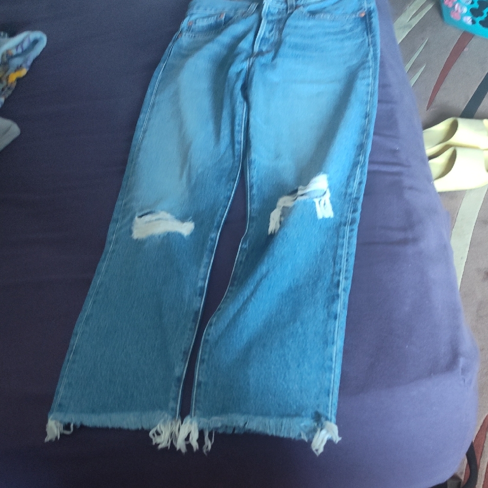 Blue Flare Wide Leg Distressed Jeans